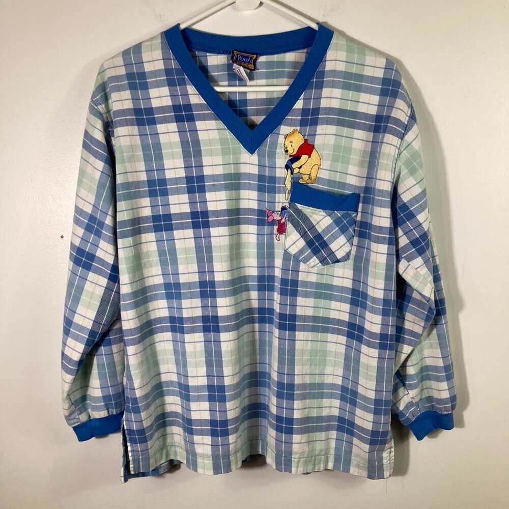 Womens Vintage Pooh Piglet‎ Long Sleeve Plaid Blue White Top  M
